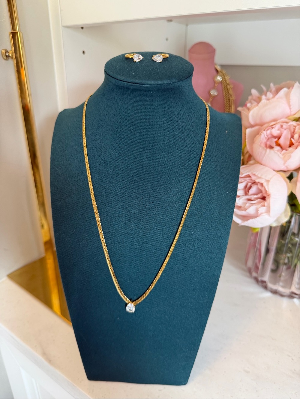 18k Gold Plated jewelry set ~ Chain Necklace with CZ Pendant + CZ Huggies